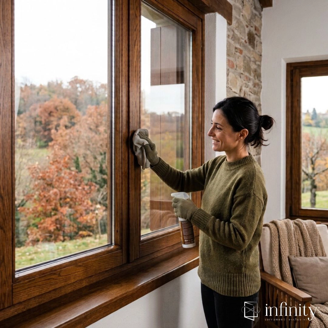 Donna che effettua la manutenzione e pulizia di un serramento in legno prima dell'inverno Infinity Serramenti.